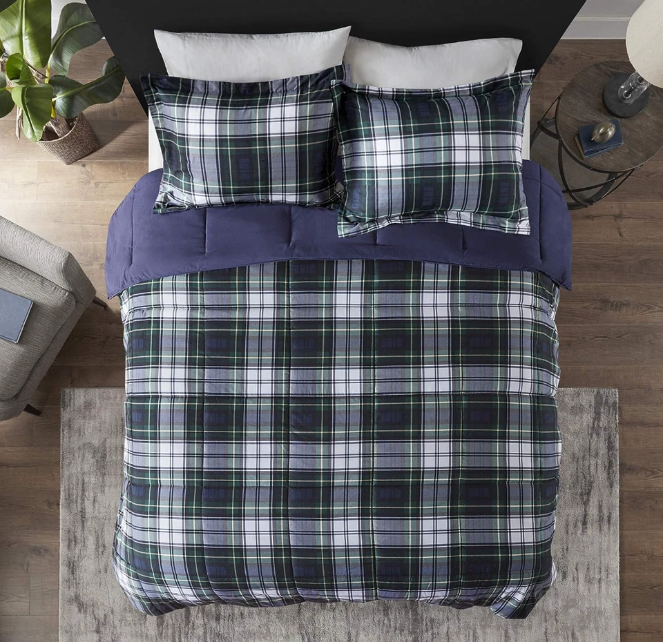 Juego de edredón de 3 piezas a cuadros verde marino cama tamaño queen completo 3M Scotchgard Foto 3 de 4