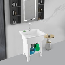 Utility Sink w/Cold Hot Water Faucet Hoses Drain Kit Freestanding Laundry Sink