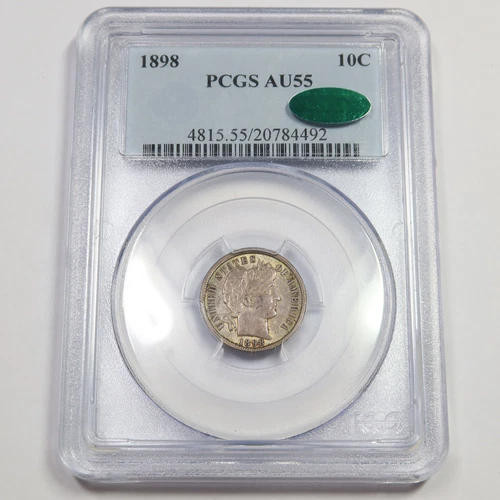 1898 P PCGS CAC AU55 - TONED Silver Barber Dime US Coin #47392B