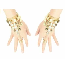 2X Belly Dance Performance Metal Ring To Wrist Bracelet Bangle Gold Coins Link