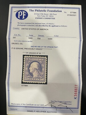 US stamp scott# 341 50c 1909 Washington mint LH OG PSE cert Grade XF 90 ...