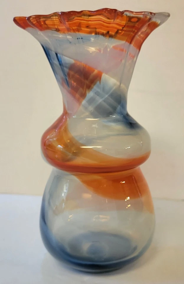 Patriotic Glass Vase Red, White & Blue Swirls Fluted Rim 6.5" Quality Modern - Image 3 of 4