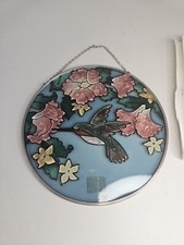 Vtg Stained Glass Flowers Hummingbird Suncatcher Joan Baker