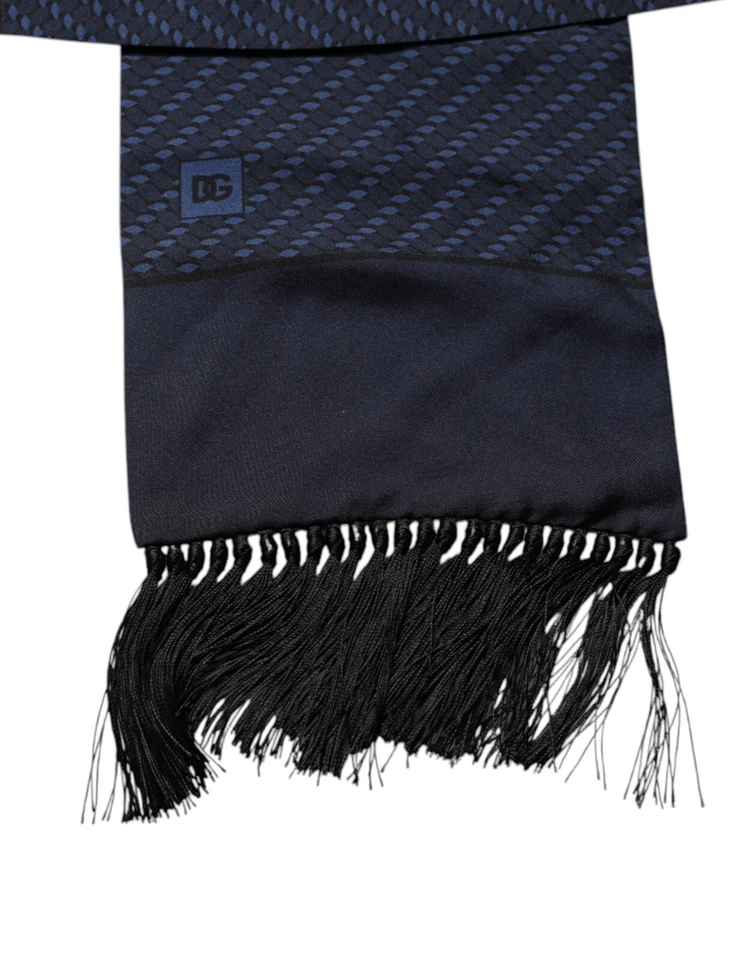 DOLCE & GABBANA Bufanda Azul Oscuro Fantasía Flecos Cuello Envoltura 140cm x 15cm 400usd Foto 3 de 4