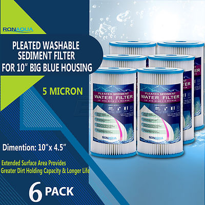 Big Blue Pleated Sediment Water Filters 6 Washable 5 Micron Cartridges 4.5 x 10
