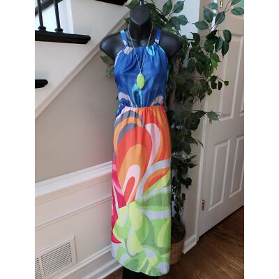 ruiyige for women retro dress Ruiyige Long Maxi Dress Women's L Multi Abstract Print Halter Boho Cinch Waist