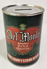 Vintage Del Monte Lake County String Beans Tin Coin Piggy Bank Display Piece