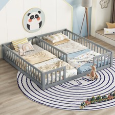 Double Floor Bed Twin Size Platform Bed with Fence Railings Kids Wood Bed Frames