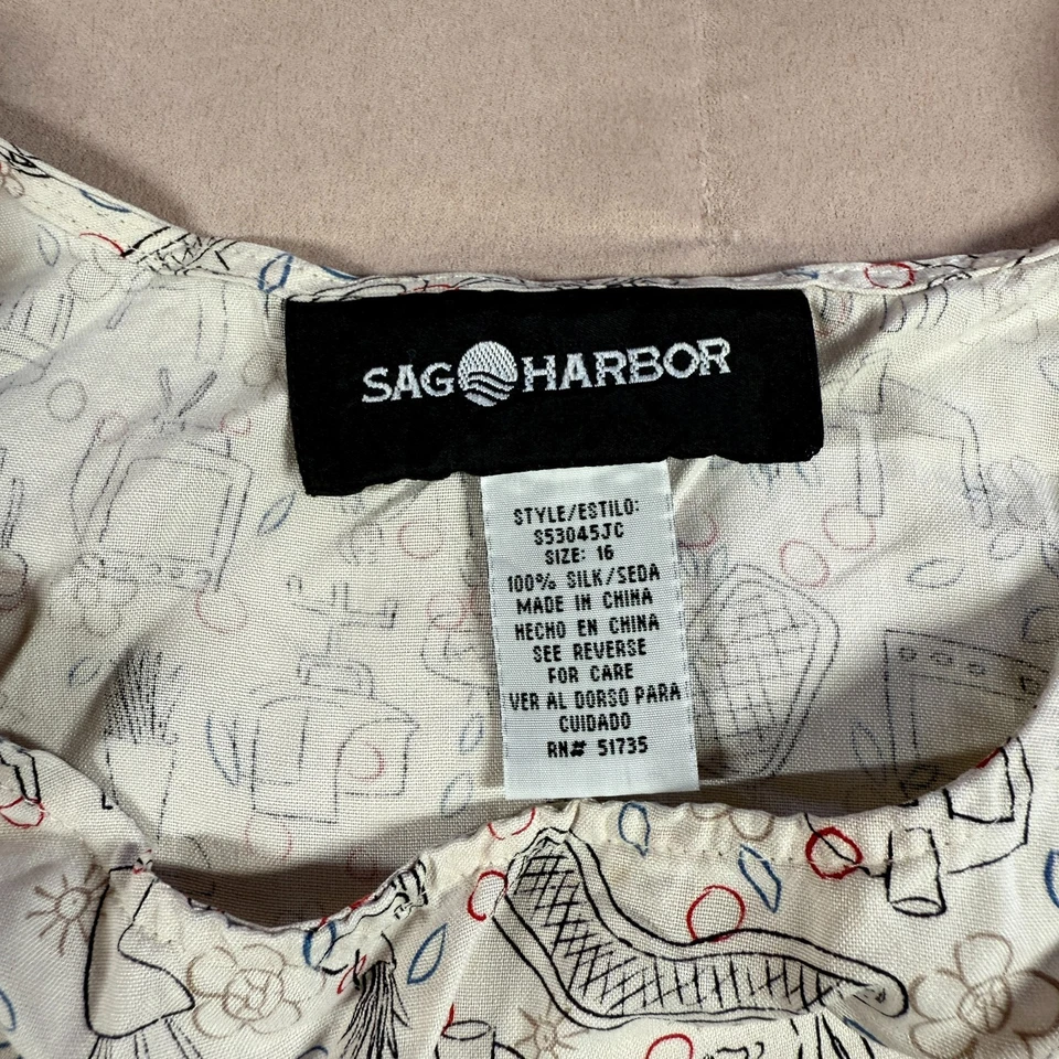 Top sin mangas vintage años 90 Sag Harbor beige para mujer talla 16 arte de seda AOP novedad Foto 3 de 4