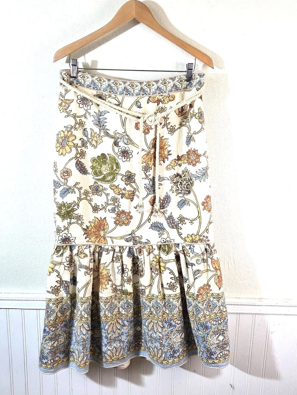 House of Harlow 1960 Womens Large Floral Midi Skirt Linen Blend Boho Prairie