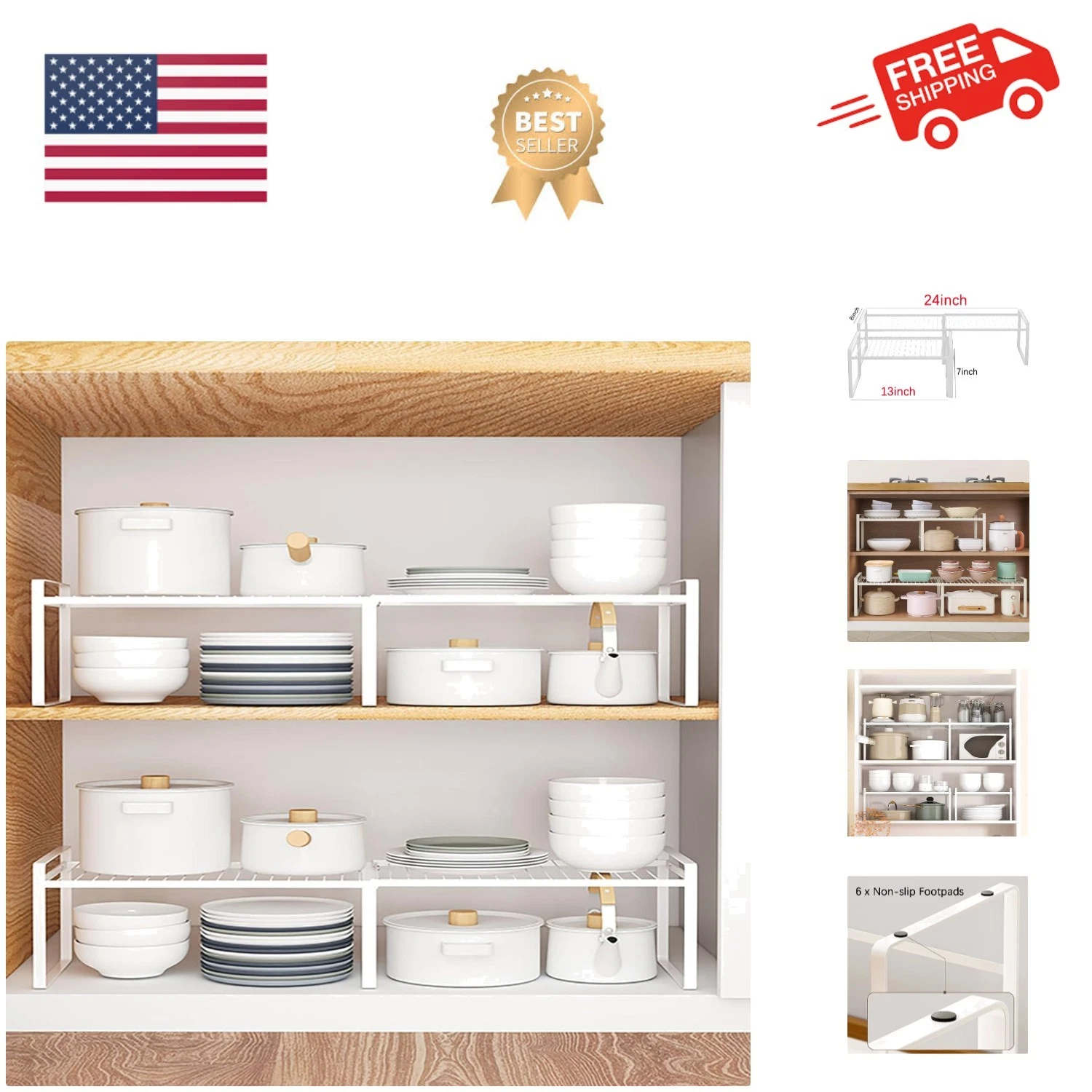 Expandable & Stackable Kitchen Cabinet Shelf Rack Set of 2 - Space-Saving Design