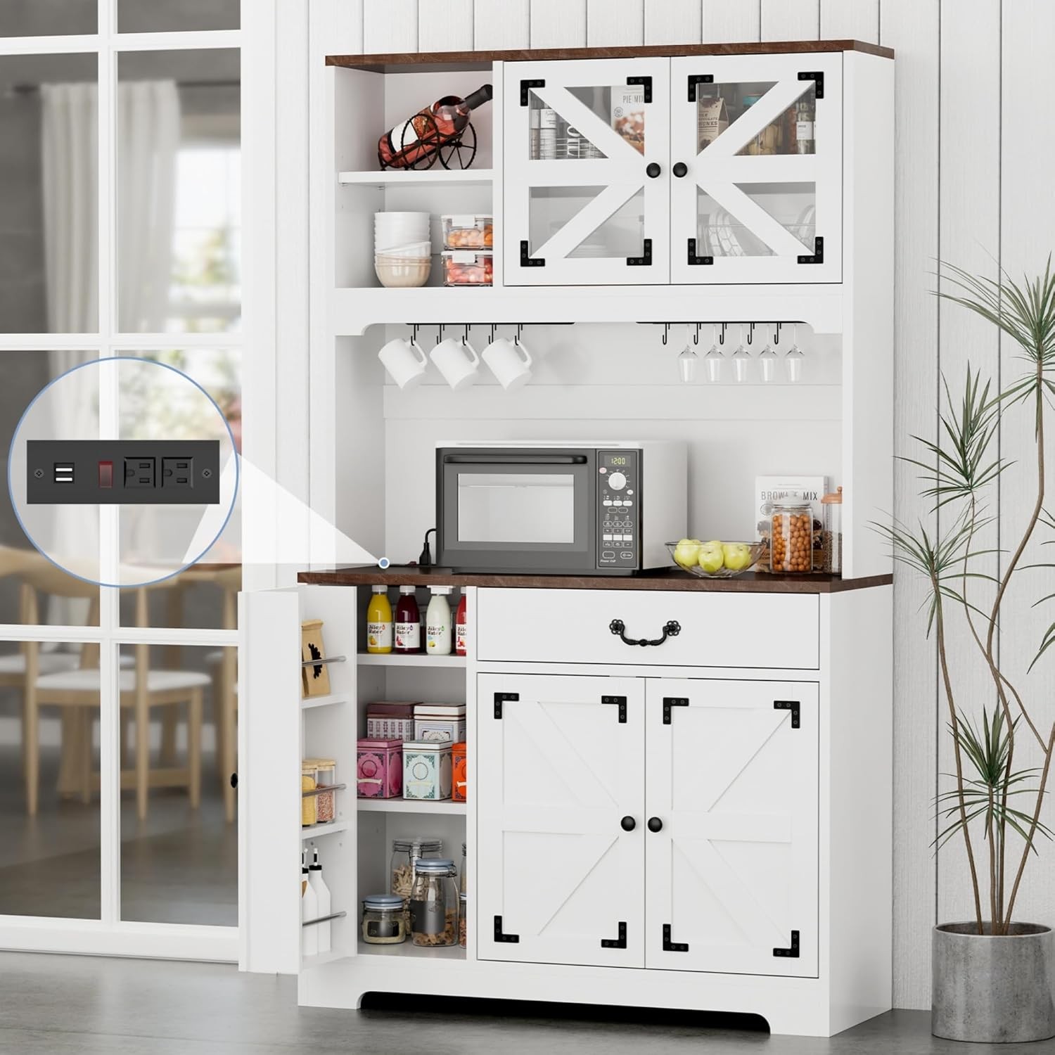 71-Inch Kitchen Pantry Cabinet with Built-In Charging Station and Hutch Storage