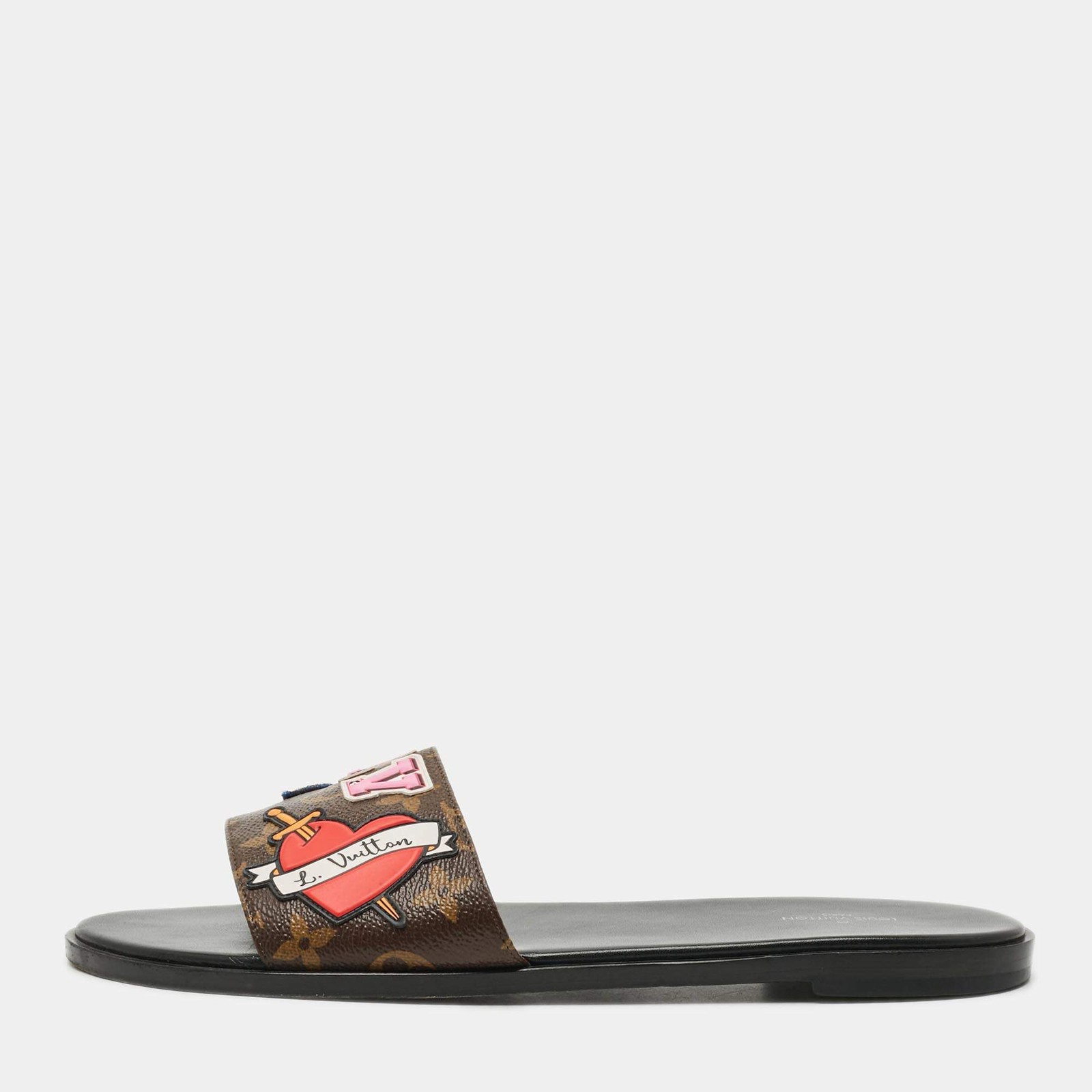 Louis Vuitton Love Logo Size 41 Brown Monogram Coated Canvas Flat Slide