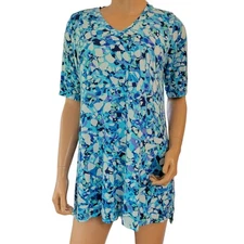 LOGO Lori Goldstein Womens Tunic Top Blouse Small Printed Stretch Short Sleeve