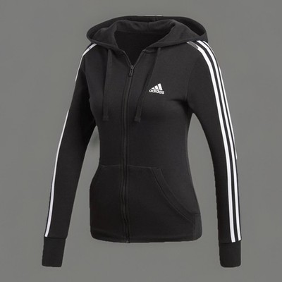 adidas women Essentials French Terry 3-Stripes Full-Zip Black Hoodie Size S