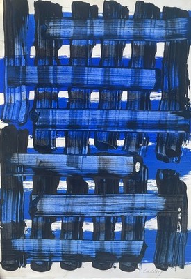 Pierre Soulages Abstraktes Original Gemälde Blau Blau Französisches Wandbild Design G10