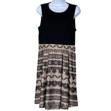 Elle Dress Womens Size 12 Black Tan Embroider Pattern Sleeveless Fit and flare