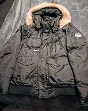 PAJAR DOWN ZACH BOMBER JACKET COYOTE FUR LINED HOOD Sz L Black