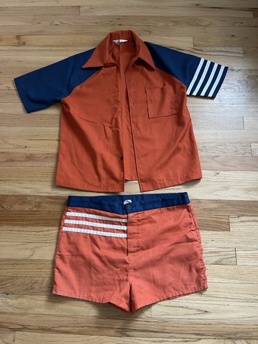 Vintage Catalina Shirt Mens Size Medium Orange Workwear Mechanic Swimtrunks Set