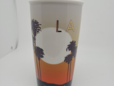 Starbuck 2015 LA Los Angeles California Ceramic Travel Mug Palm Trees Gold Lid