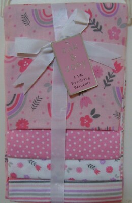 Girls Zak & Zoey 4 Pk Pink Floral Rainbow Dot Stripe Baby Receiving Blankets