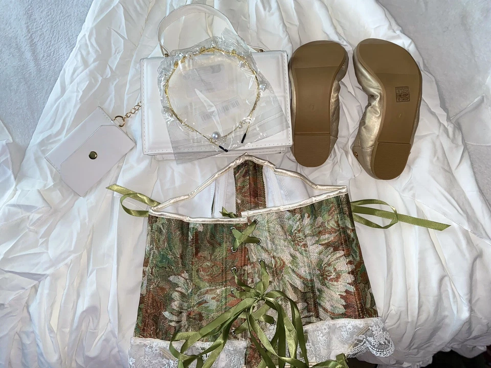 Fantasia feminina renascentista (vestido, bolsa de ouro branco N, sapatilhas, espartilho, faixa de cabeça) - Imagem 3 de 4