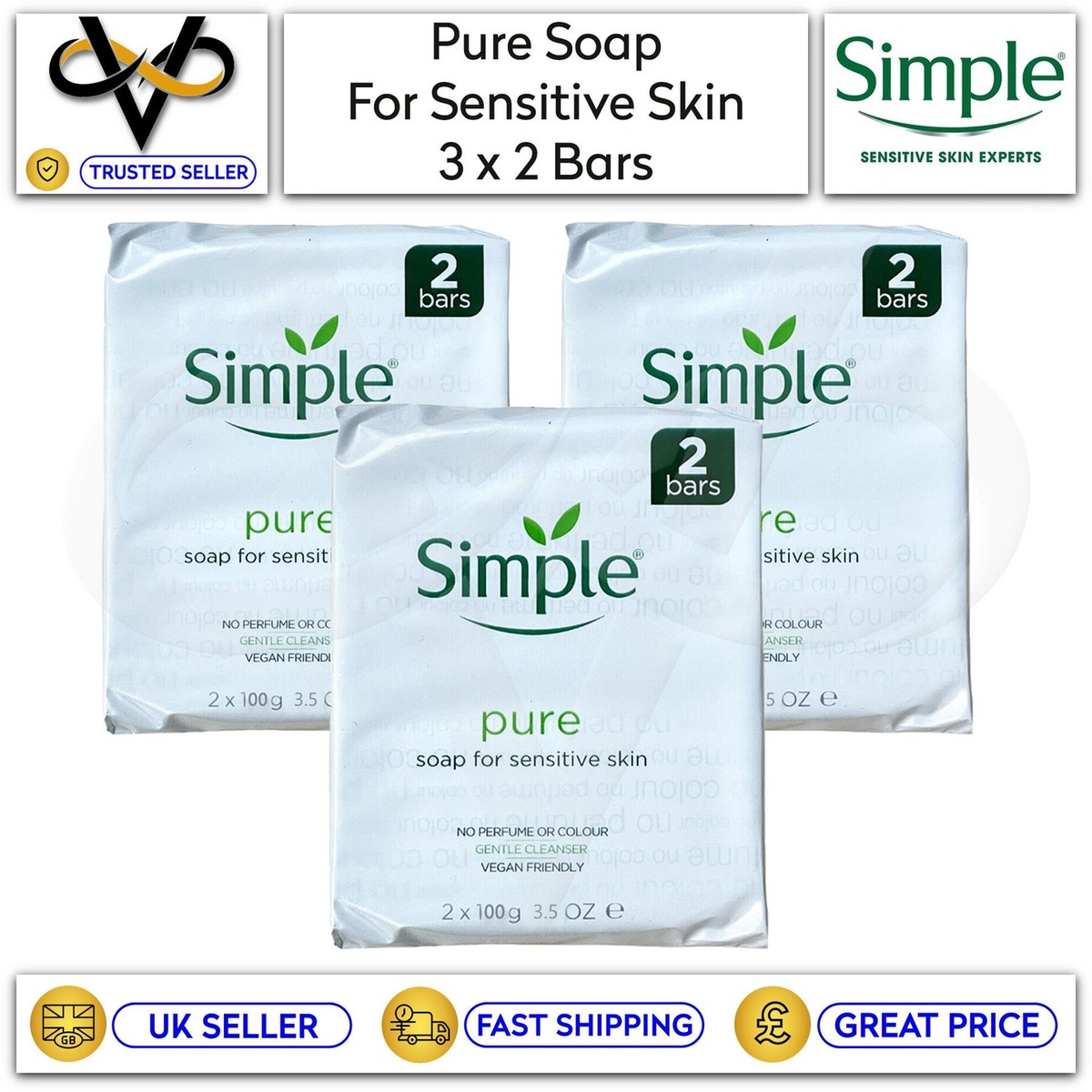 x Simple Soap Twin Pack Pure Soap For Sensitive Skin No