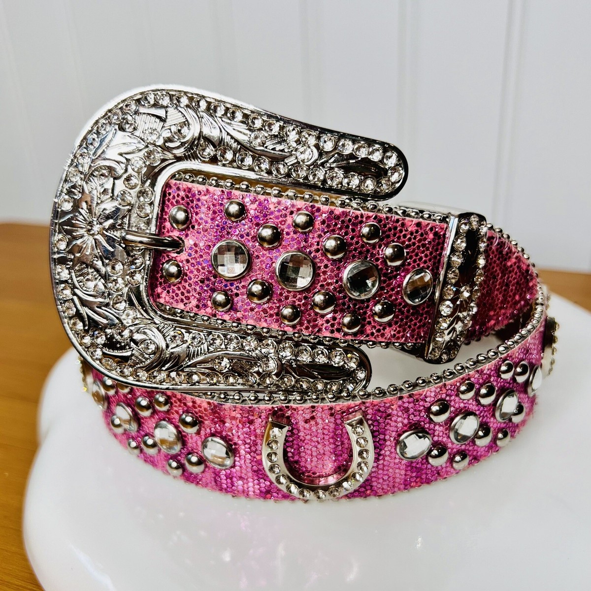 Pink Cowgirl Sz 26 Western Rhinestone Belt Horseshoe Leather