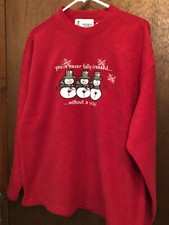 Womens Fleece Pullover, Size L, Red Fleece With Snowmen