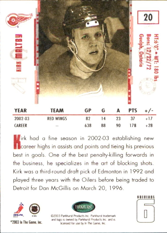 2003-04 Parkhurst Original Six DETROIT RED WINGS #20 Kirk Maltby - Image 2 of 2