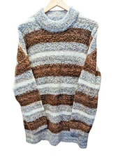 Universal Thread Cozy Brown Gray Striped Fuzzy Over Sized Sweater Womens  Sz L