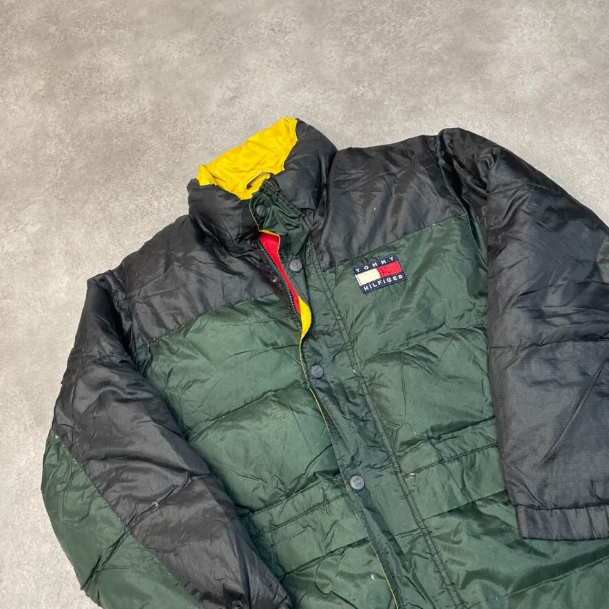 Tommy Hilfiger Puffer Coat Mens XL Vintage Full-Zip Y2K Flag Jacket, Green image 3