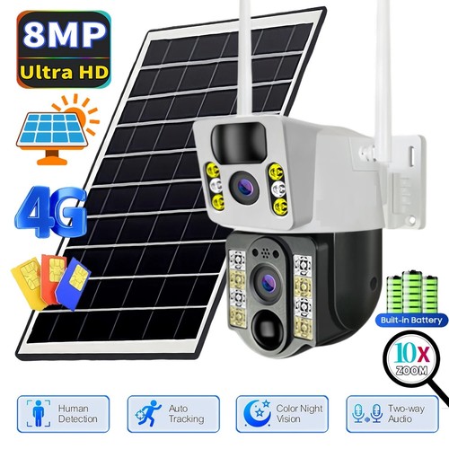 Telecamera Sorveglianza WiFi Esterna Abiso 8MP Doppia Lente - PTZ 355°, Pannello Solare, Batteria 15000 MAh, PIR, Visione Notturna A Colori, Audio Bidirezionale