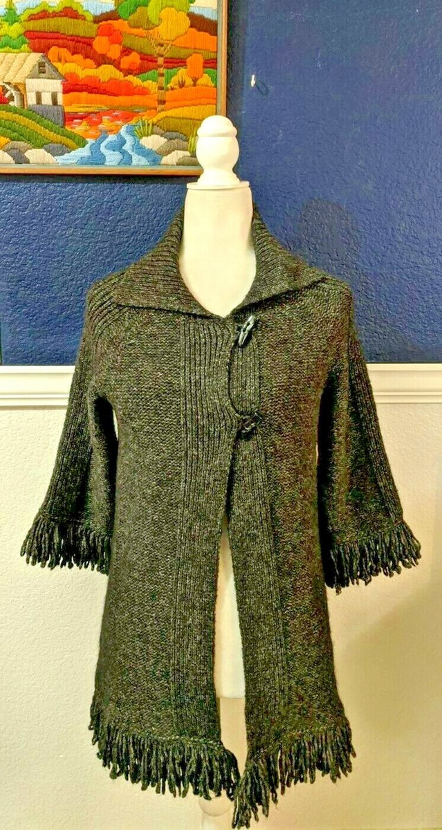 Marisa Christina Wool Fringe Gray Long Cardigan Sweater Sz Medium M