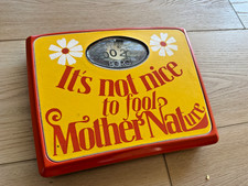 Vintage 1970s Borg Yellow "It's Not Nice to Fool Mother Nature" Bathroom Scale