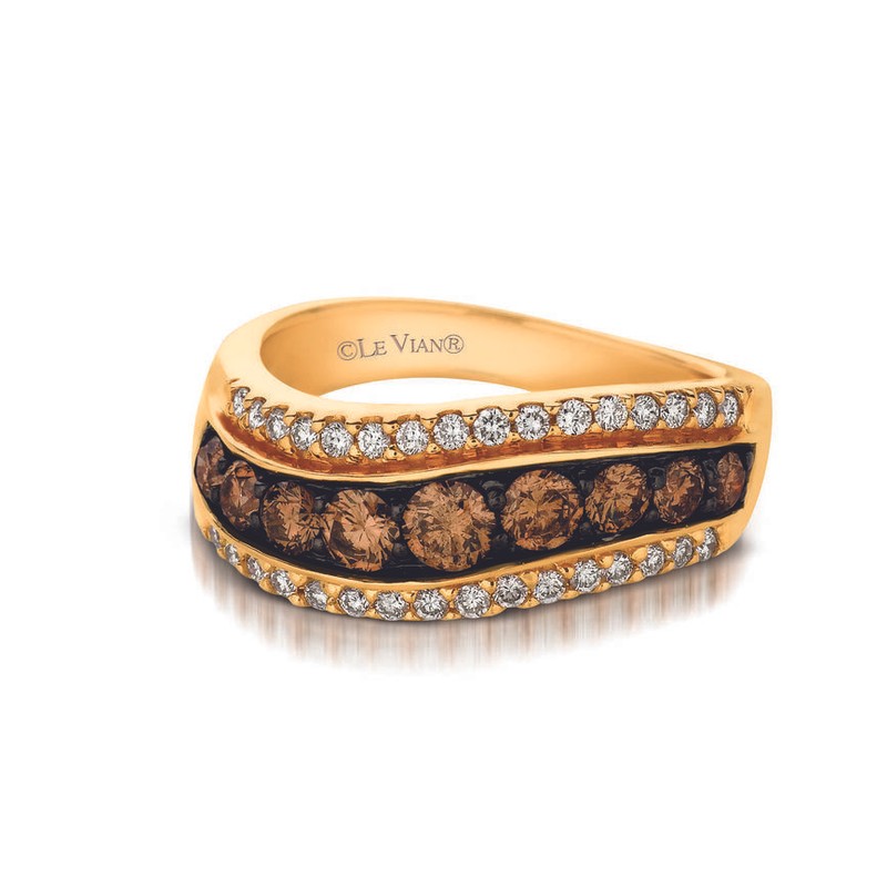 LeVian 14K Yellow Gold Wavy Three Row Ring with White & Chocolate Diamond Size 7
