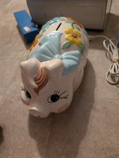 Vintage Ceramic Piggy Bank Large Floral Bow Pig Whimsical Decor Oversize 14 Inch