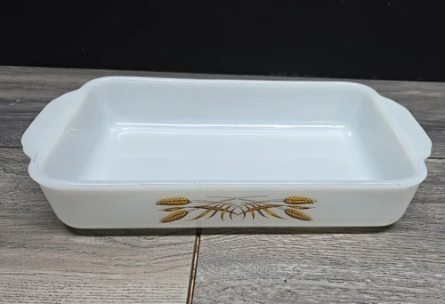 Vintage Fire King Anchor Hocking  1.5 Qt  Milk Glass Wheat Pattern USA Bake Dish
