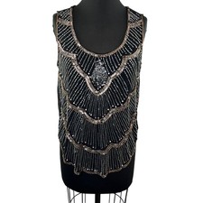 AWAKE Couture Black Beaded Sequin Embellished Sleeveless Blouse Sheer Evening M