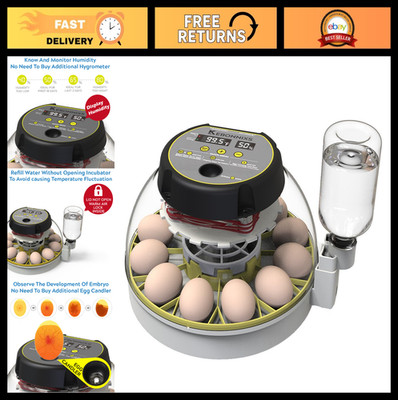 12 Egg Incubator with Humidity Display, Automatic Turner & Egg Candler for Hatch