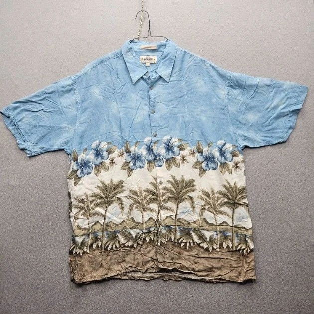 Campia Moda Men's XL Blue Floral Palm Tree Button Down Hawaiian Shirt