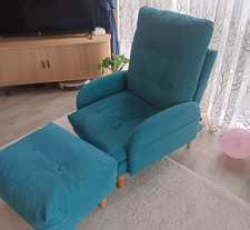 HOMCOM Modern Upholstered Armchair with Footstool Adjustable Back Blue-VGC