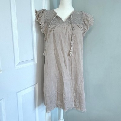 Aerie Womens Gauze Crochet Lace Flutter Sleeve Frayed Hem Dress Tan Small NWT