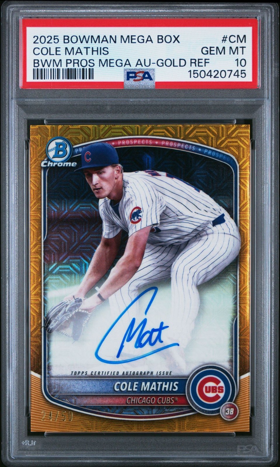 PSA 10 2025 Bowman Mega Box Cole Mathis Gold Auto /50 Cubs Top Prospect BMA-CM