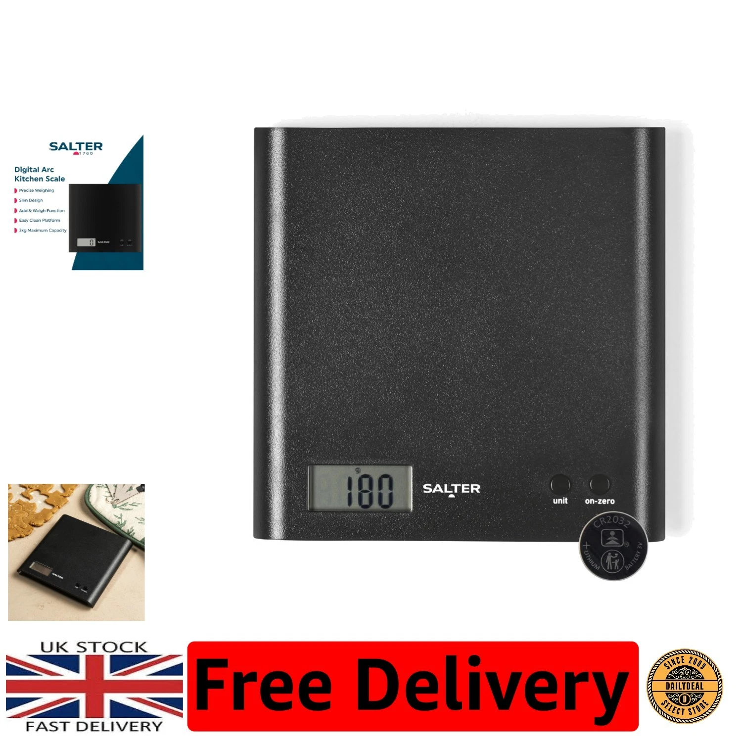 Arc Kitchen Scale – Slim Digital 3kg Food Scale with Add & Weigh Function