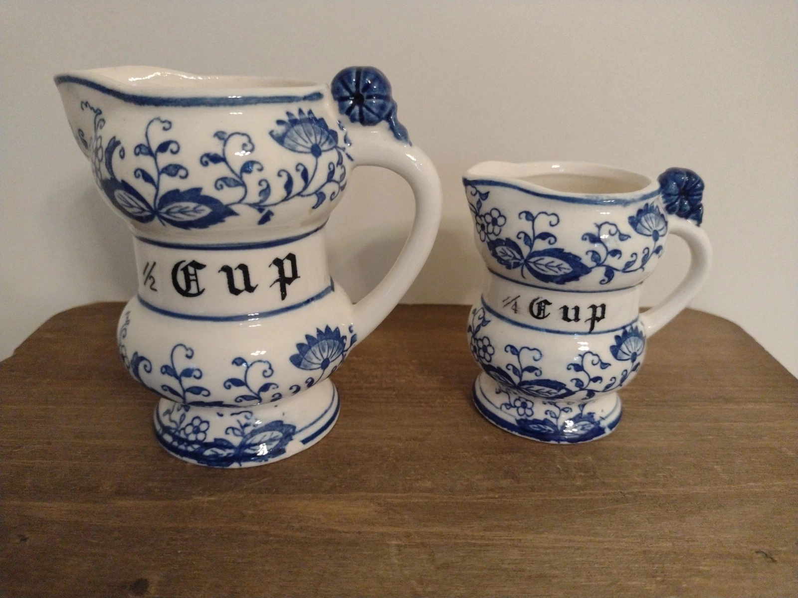 Vintage Blue Onion Japan - 2 Porcelain Measuring Pitchers 1/2 Cup And 1/4 Cup