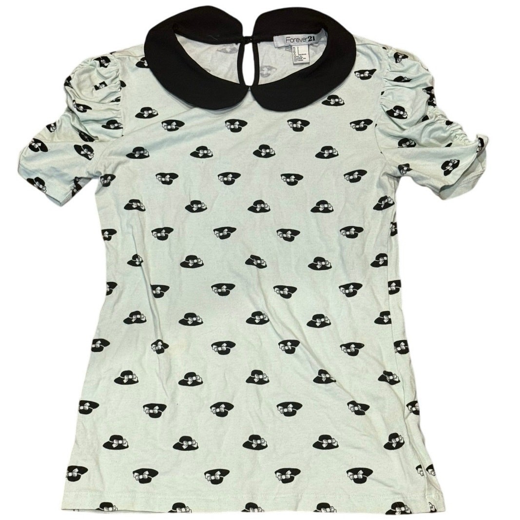 Y2K Forever 21 Mint Green Cartoon Print Peter Pan Collar Top Size Small