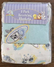 New* Vintage 3 Pack Receiving Blankets Baby Looney Tunes 1 Embroidered 2 Printed