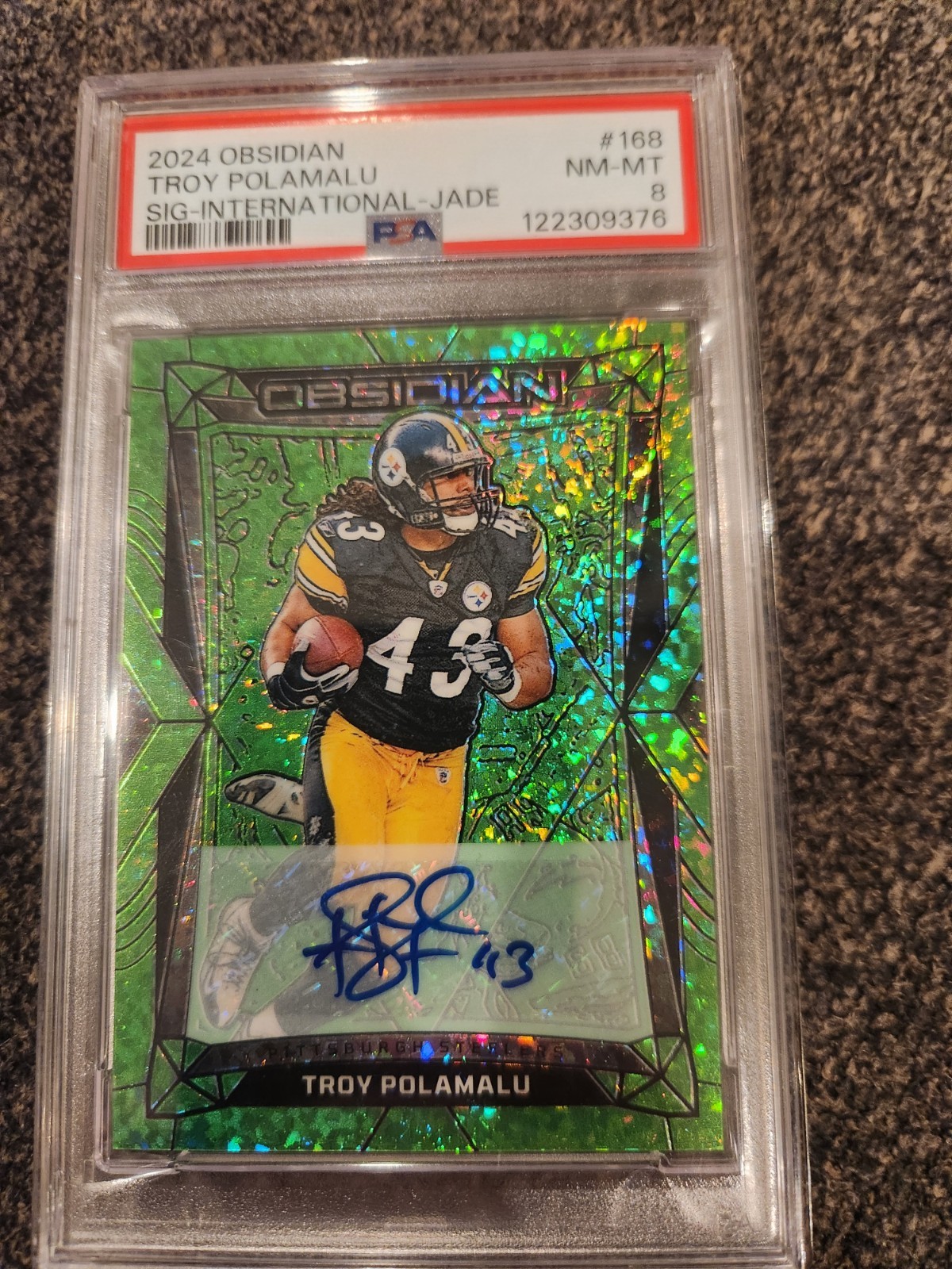 Panini 2024 Obsidian Troy Polamalu #168 Intl Jade Signatures Auto /6 PSA 8