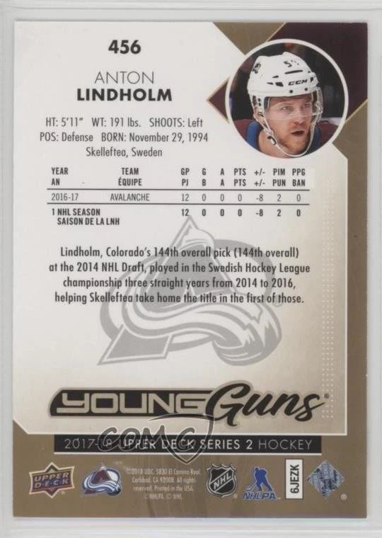 2017-18 Upper Deck Young Guns High Gloss /10 Anton Lindholm #456 Rookie RC - Image 2 of 2